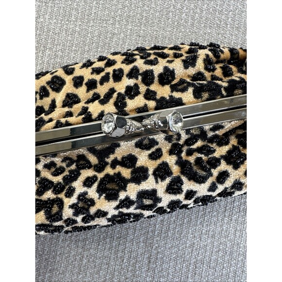 Vintage 90s Leopard Velvet Beaded Purse Chain Strap Evening Handbag Party Clutch - Picture 9 of 9
